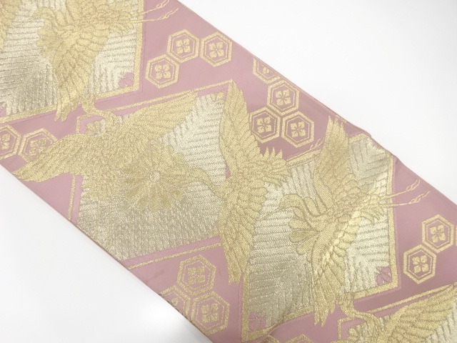 JAPANESE KIMONO / ANTIQUE FUKURO OBI / SILK / WOVEN CRANE & FLORAL KIKKO